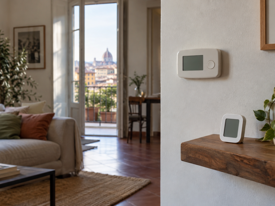 Termostato a parete e piccolo termometro ambiente su un ripiano in un soggiorno luminoso