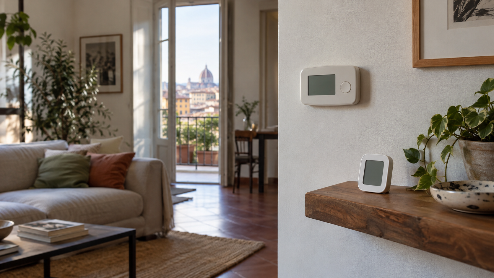 Termostato a parete e piccolo termometro ambiente su un ripiano in un soggiorno luminoso