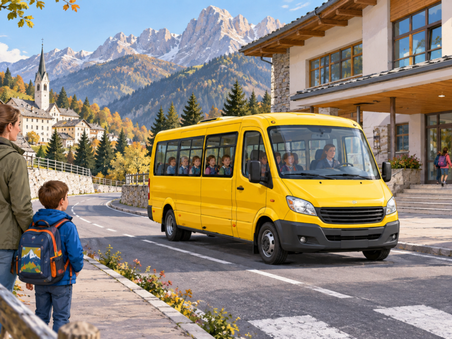 Scuolabus su una strada di montagna vicino a una scuola del Trentino