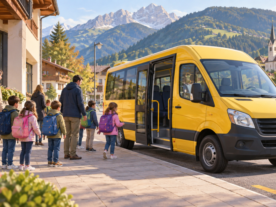 Illustrazione di uno scuolabus presso una scuola in una valle trentina, con alunni e adulti sul marciapiede