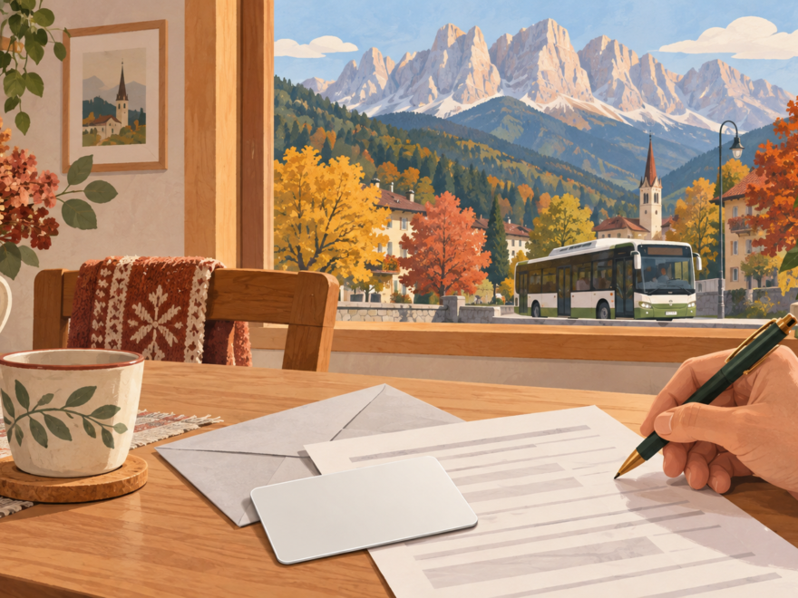 Illustrazione di una tessera di trasporto e documenti con autobus e montagne trentine sullo sfondo