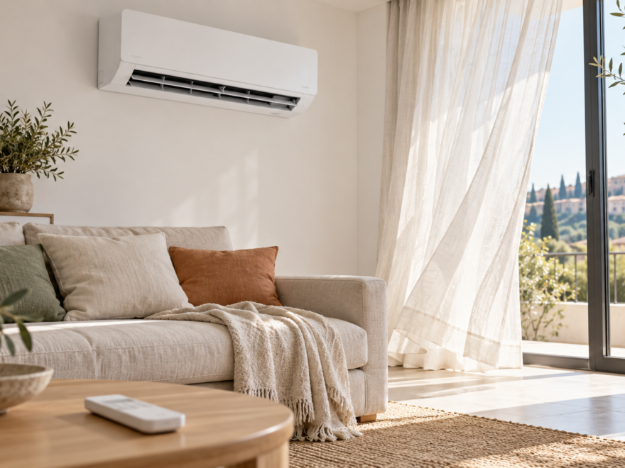 Climatizzatore a parete con telecomando appoggiato su un tavolo in una stanza luminosa