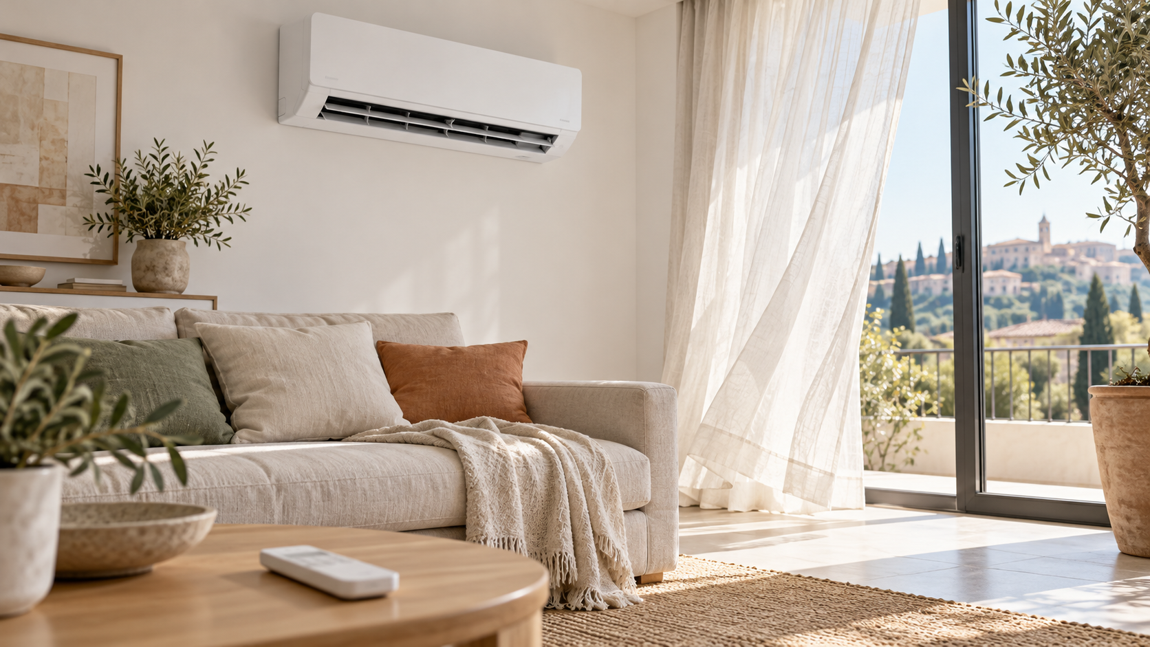 Climatizzatore a parete con telecomando appoggiato su un tavolo in una stanza luminosa
