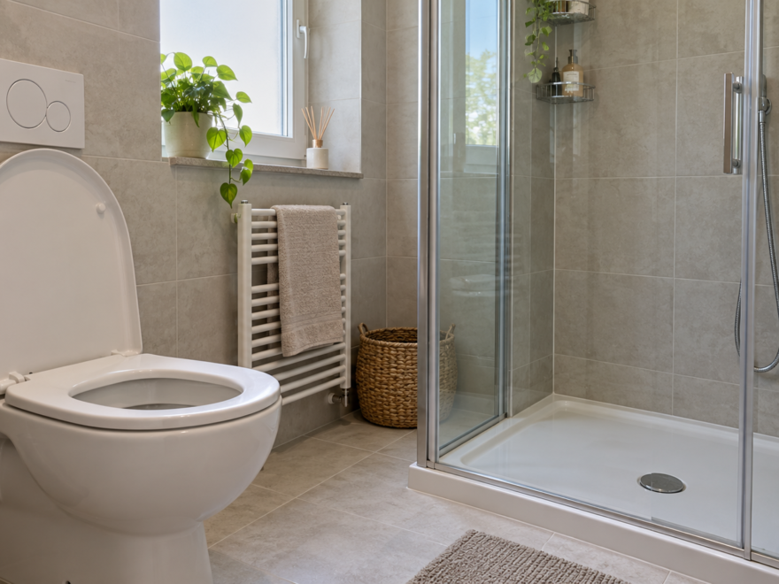 WC bianco accanto a una doccia con parete in vetro e piletta visibile nello stesso bagno